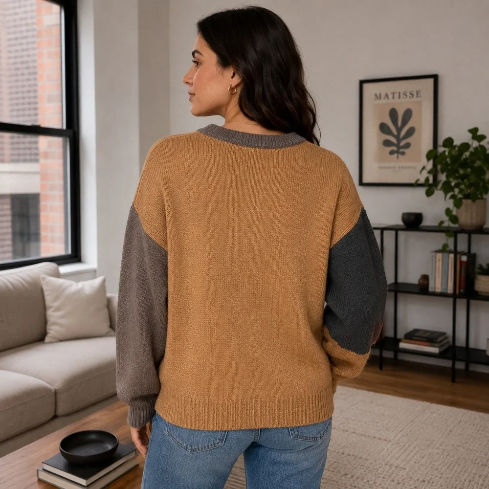 Universal Thread Sweater Womens Large Colorblock Brown Gray White Crewneck